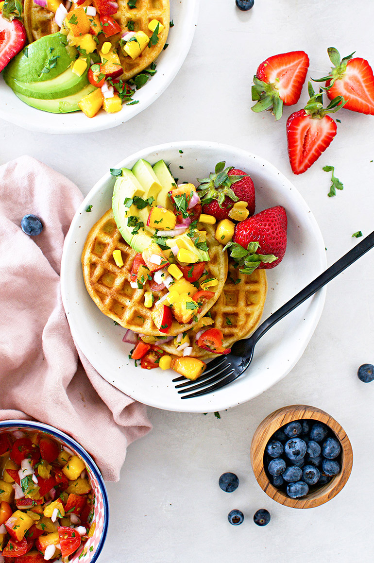 sweet corn waffles with peach pico