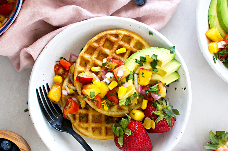 corn waffles with peach pico closeup