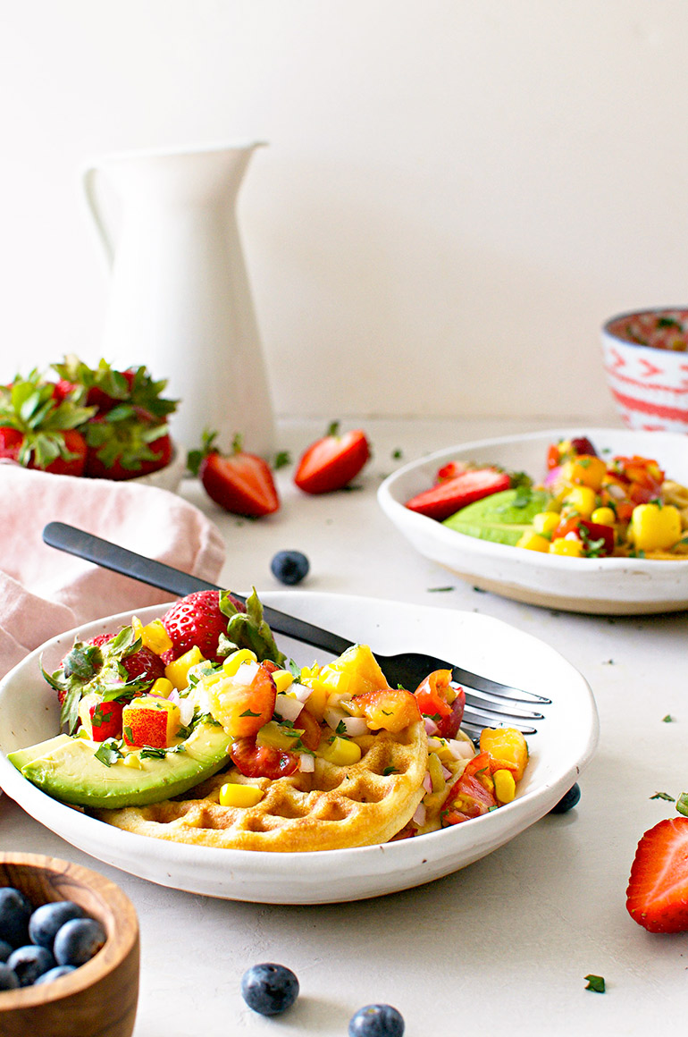 corn waffles with peach pico