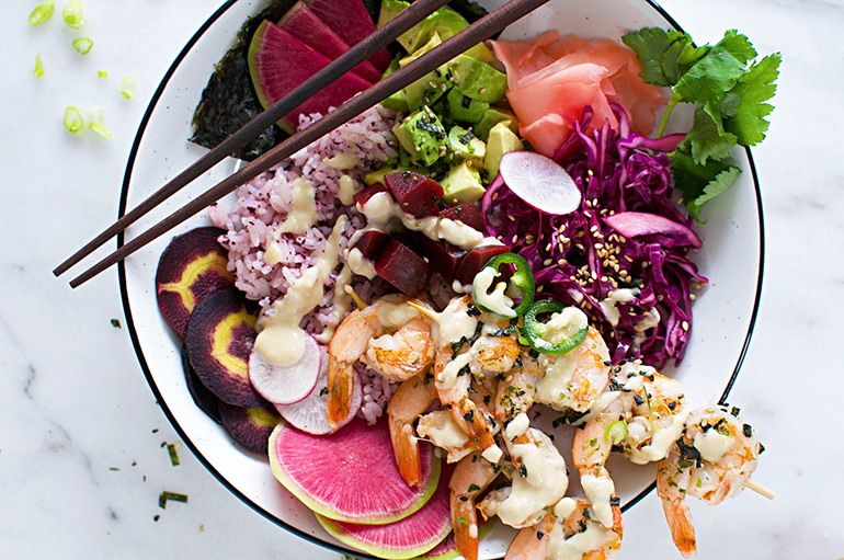 easy sesame shrimp sushi bowls